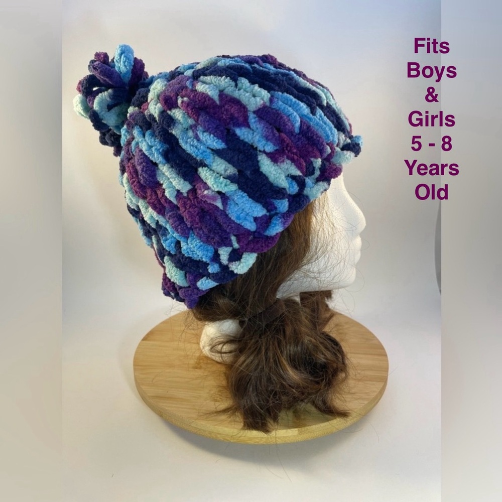 Handmade Kid’s Super Soft & Cozy Winter Hat With Loopy Pom-Pom - Purple & Blue